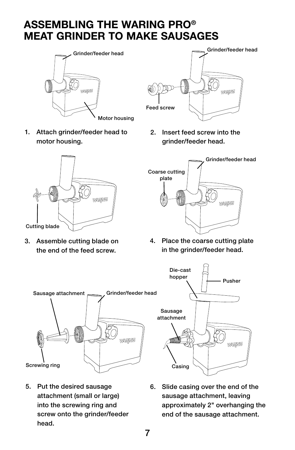 Assembling the waring pro, Meat grinder to make sausages | Waring Pro MG105 User Manual | Page 8 / 14