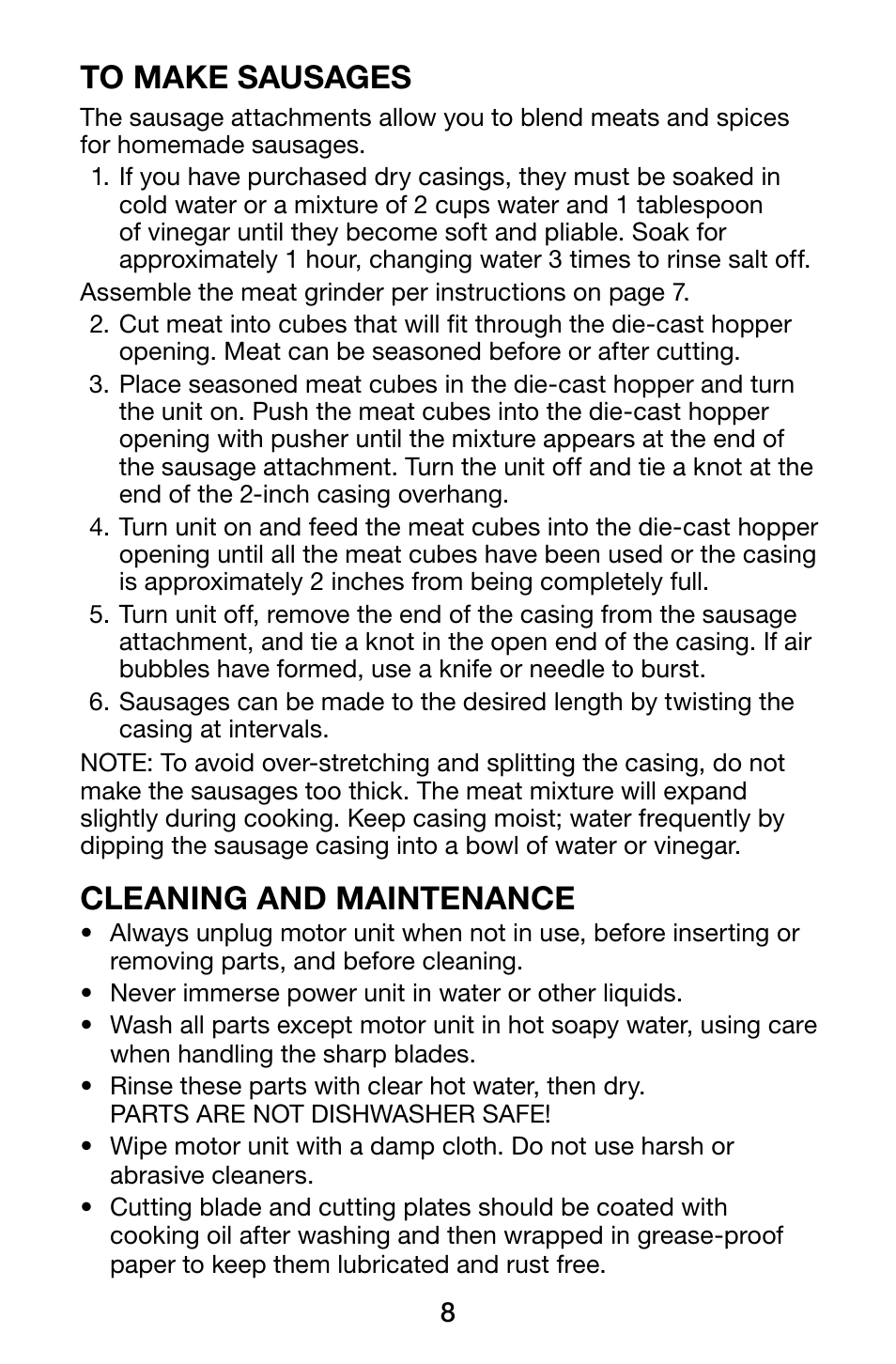 Cleaning and maintenance | Waring Pro MG105 User Manual | Page 9 / 14