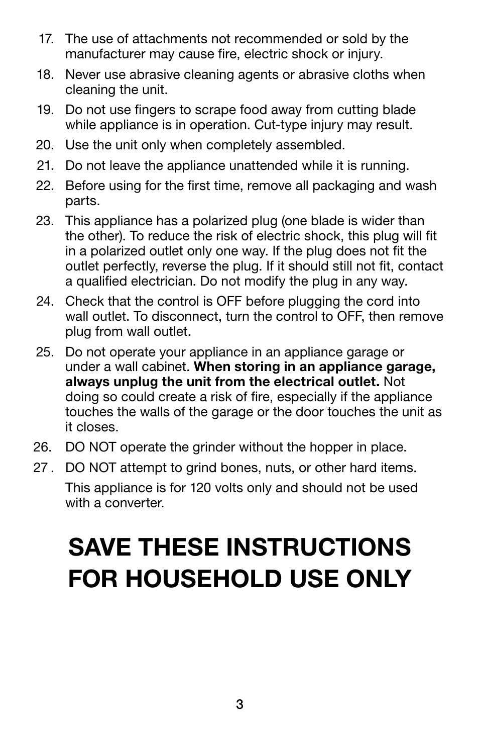 Save these instructions for household use only | Waring Pro MG1200 User Manual | Page 3 / 12