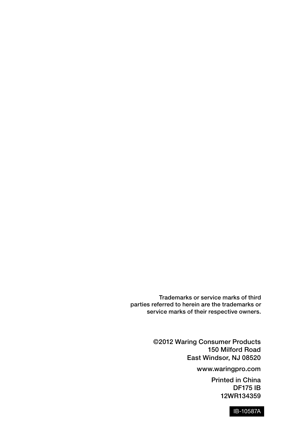 Waring Pro DF175 User Manual | Page 11 / 11