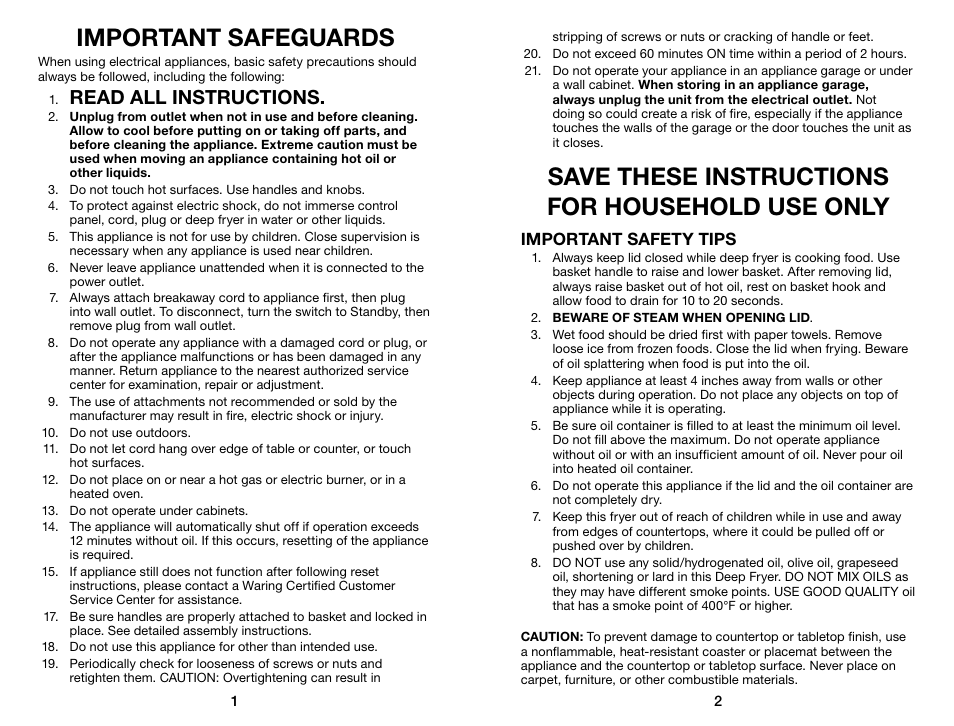 Important safeguards, Save these instructions for household use only, Read all instructions | Important safety tips | Waring Pro DF175 User Manual | Page 2 / 11