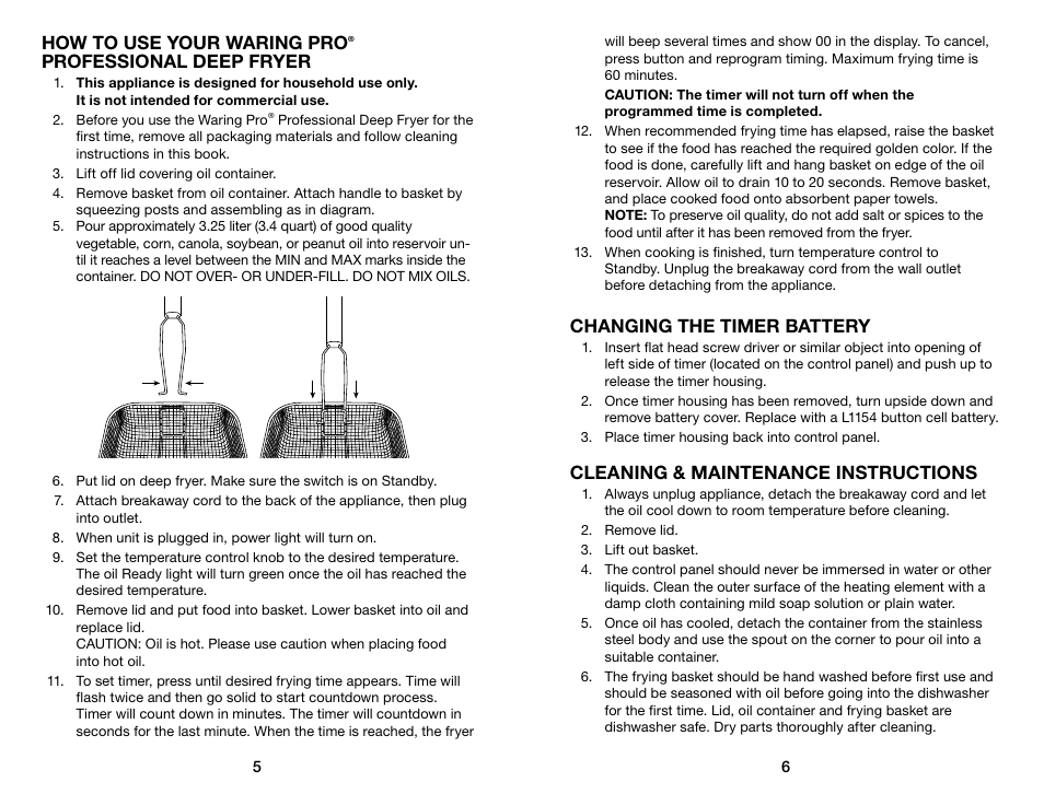 How to use your waring pro, Professional deep fryer, Changing the timer battery | Cleaning & maintenance instructions | Waring Pro DF175 User Manual | Page 4 / 11