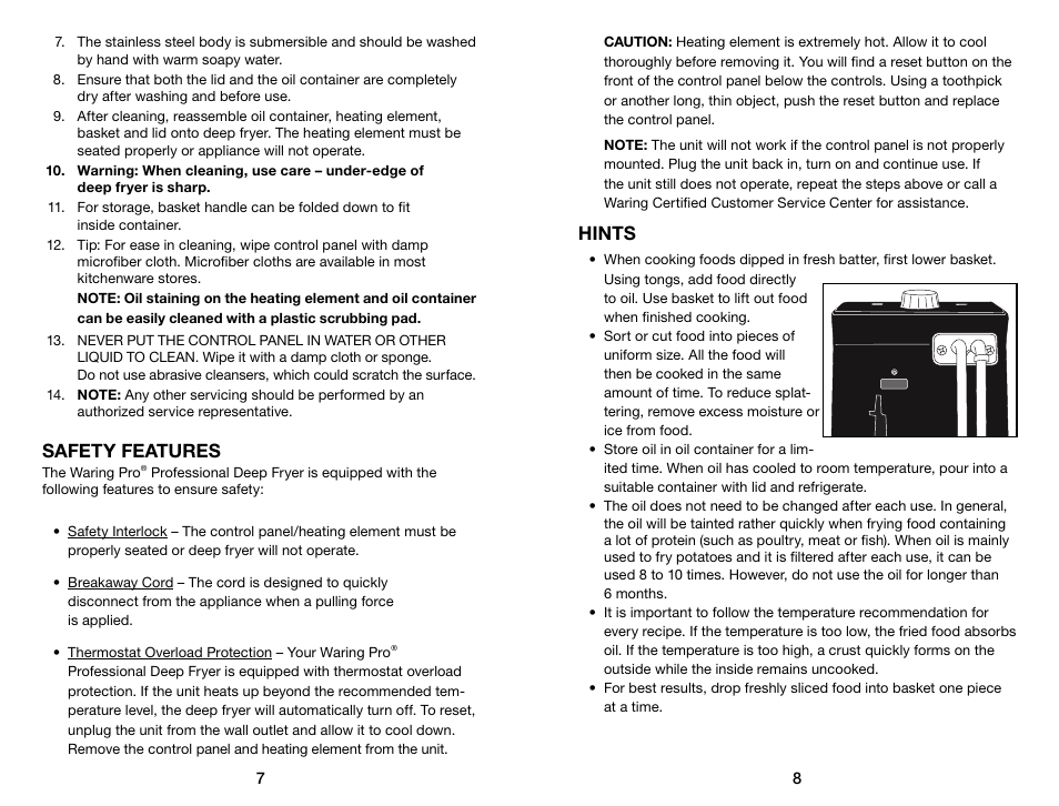 Safety features, Hints | Waring Pro DF175 User Manual | Page 5 / 11
