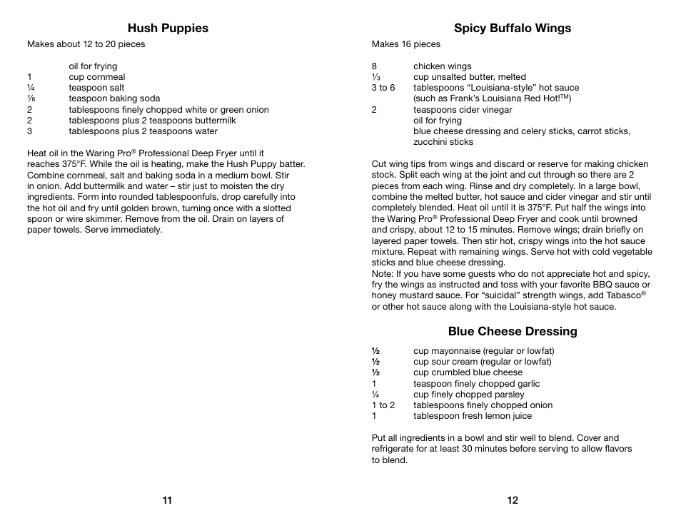 Hush puppies, Spicy buffalo wings, Blue cheese dressing | Waring Pro DF175 User Manual | Page 7 / 11