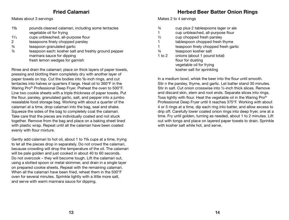 Fried calamari, Herbed beer batter onion rings | Waring Pro DF175 User Manual | Page 8 / 11