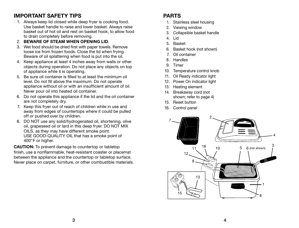 Important safety tips, Parts | Waring Pro DF250B User Manual | Page 3 / 11