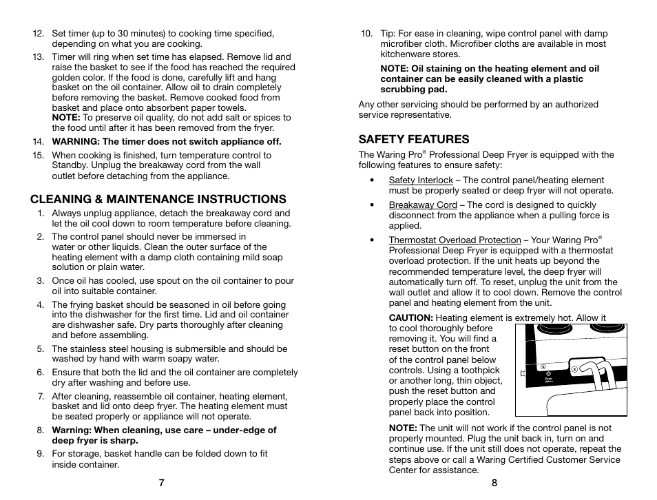Safety features, Cleaning & maintenance instructions | Waring Pro DF250B User Manual | Page 5 / 11
