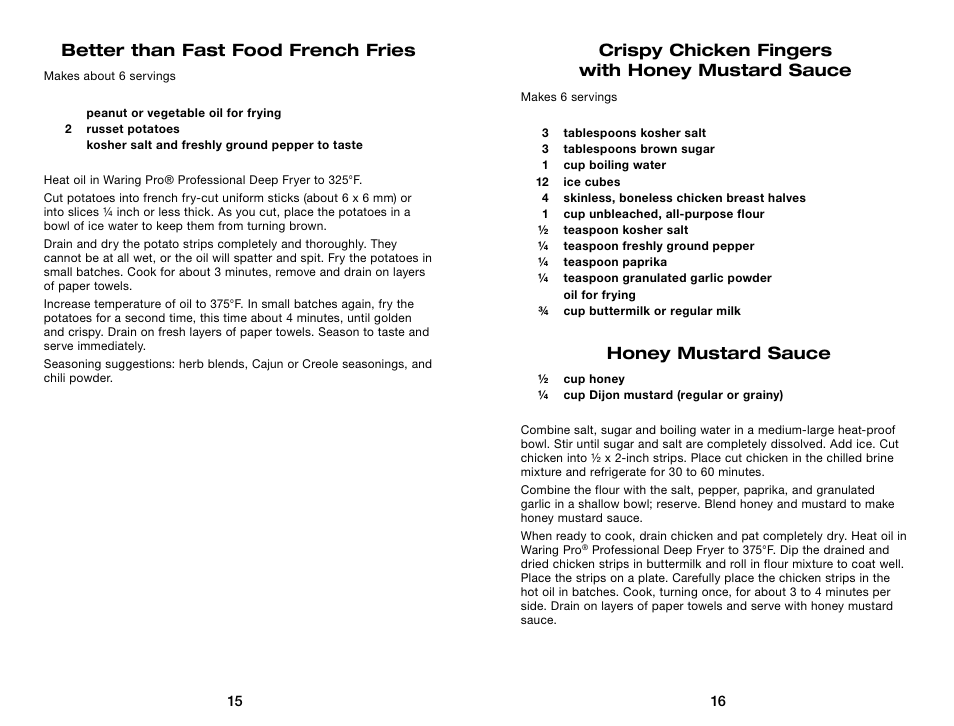 Crispy chicken fingers with honey mustard sauce, Honey mustard sauce, Better than fast food french fries | Waring Pro DF250B User Manual | Page 9 / 11