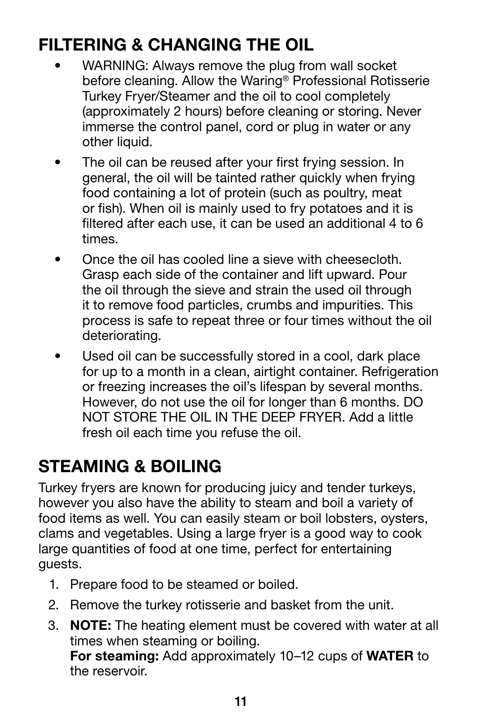 Filtering & changing the oil, Steaming & boiling | Waring Pro TF200B User Manual | Page 11 / 28