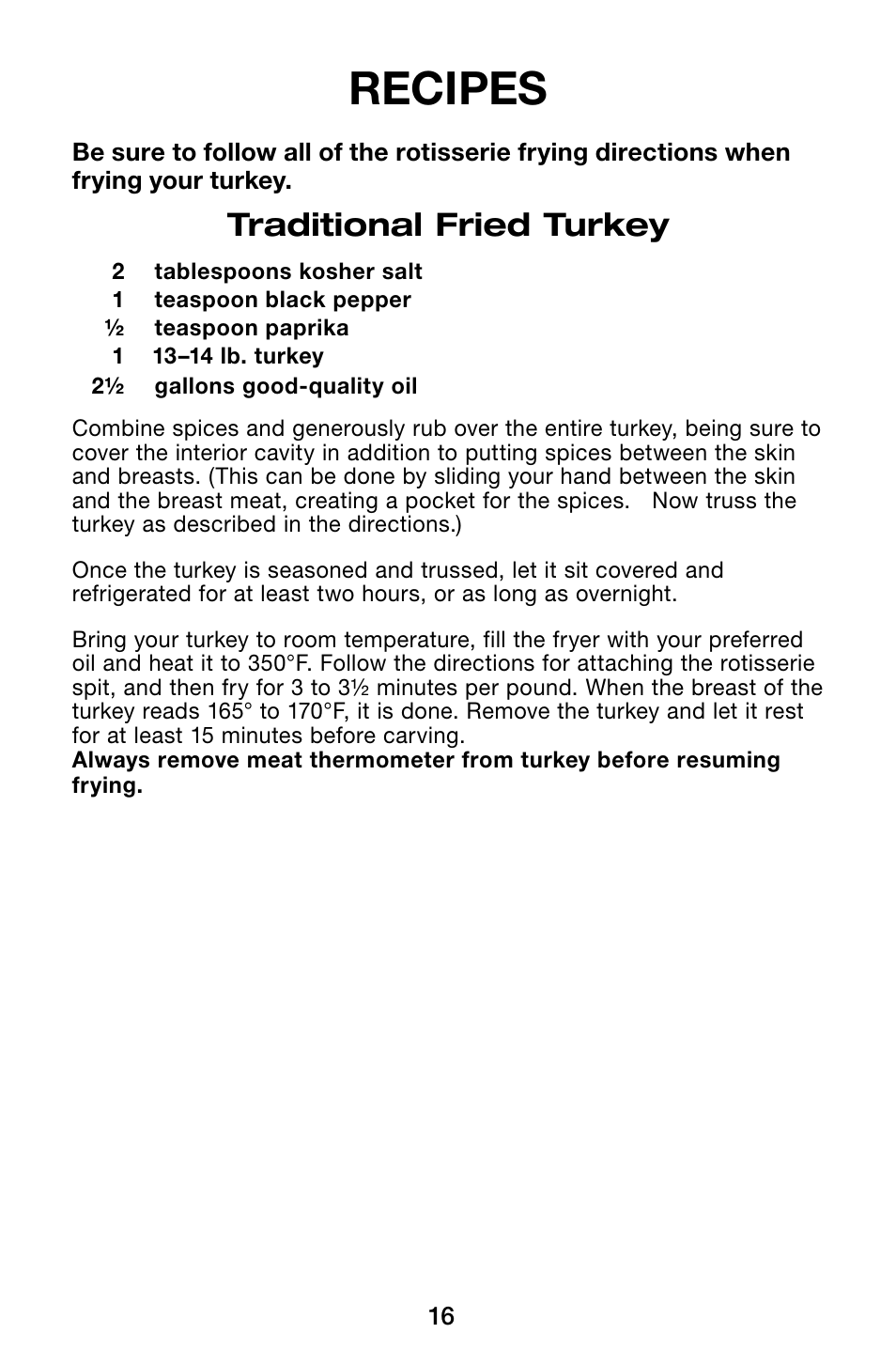 Recipes, Traditional fried turkey | Waring Pro TF200B User Manual | Page 16 / 28