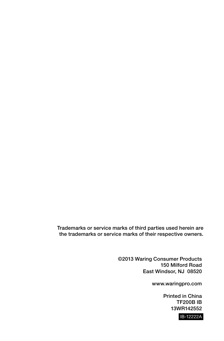 Waring Pro TF200B User Manual | Page 28 / 28