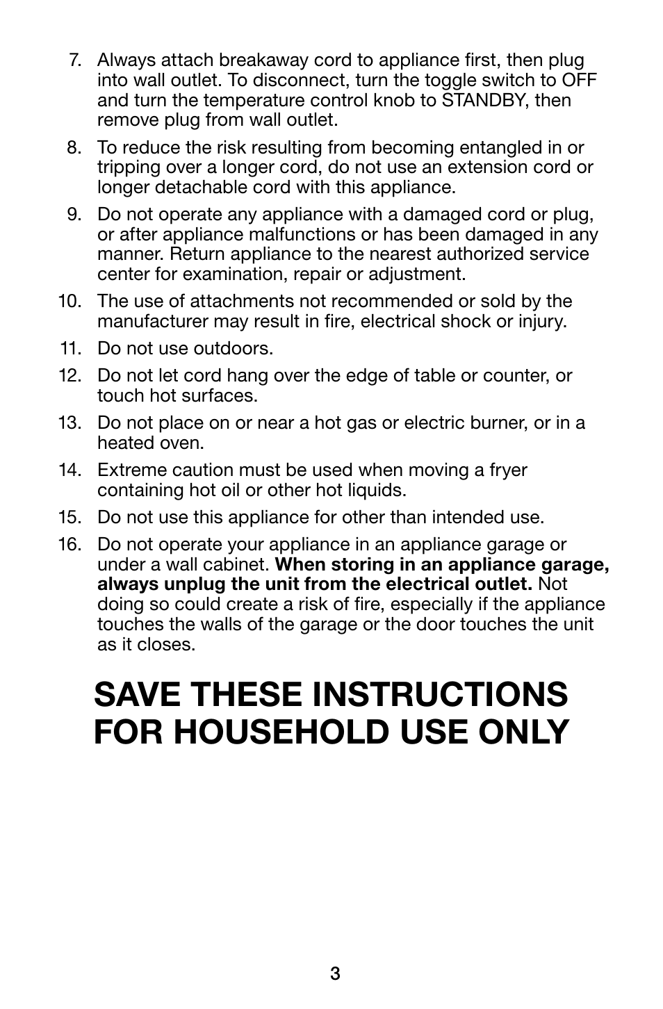 Save these instructions for household use only | Waring Pro TF200B User Manual | Page 3 / 28