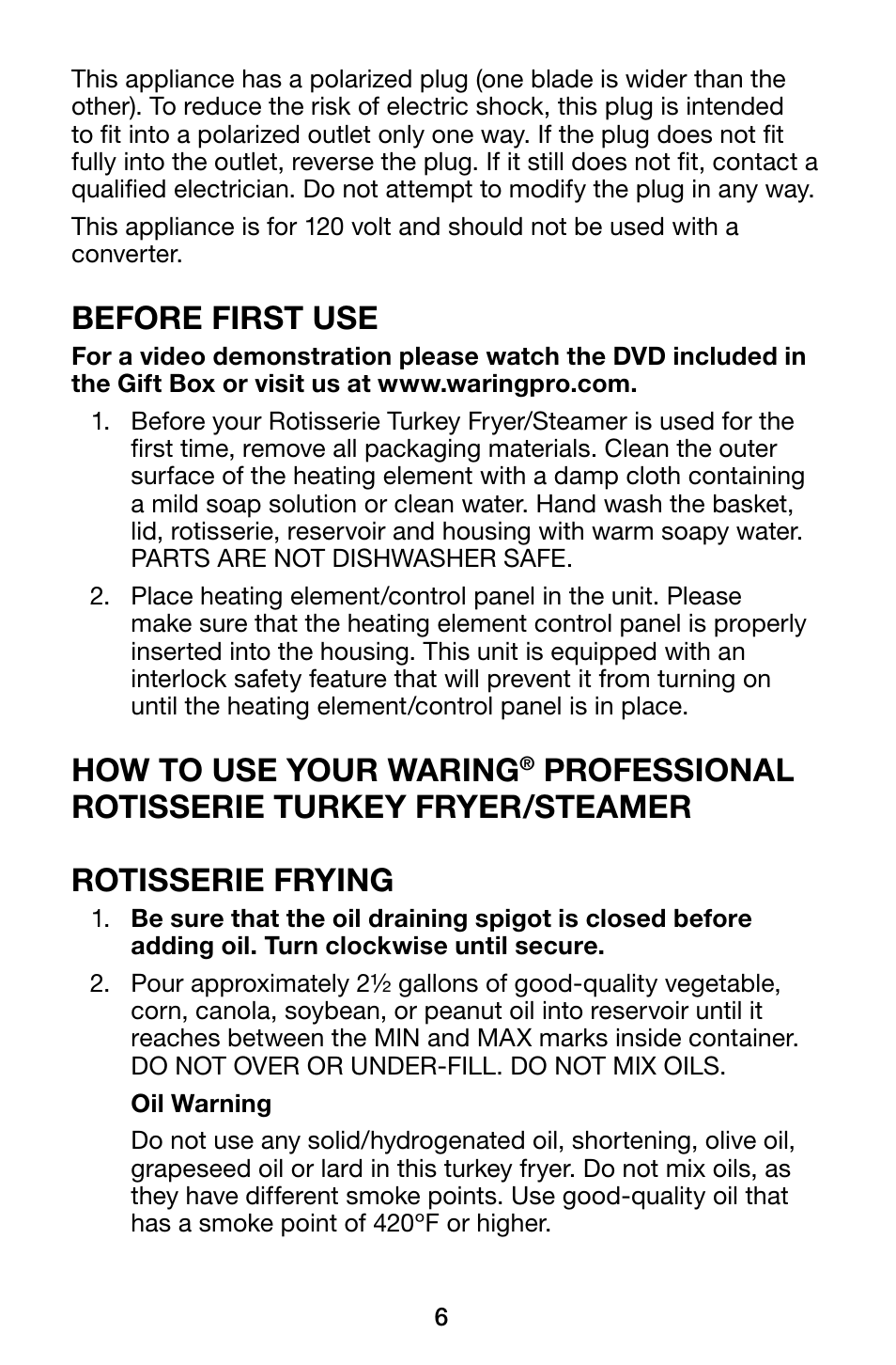 Before first use, How to use your waring | Waring Pro TF200B User Manual | Page 6 / 28