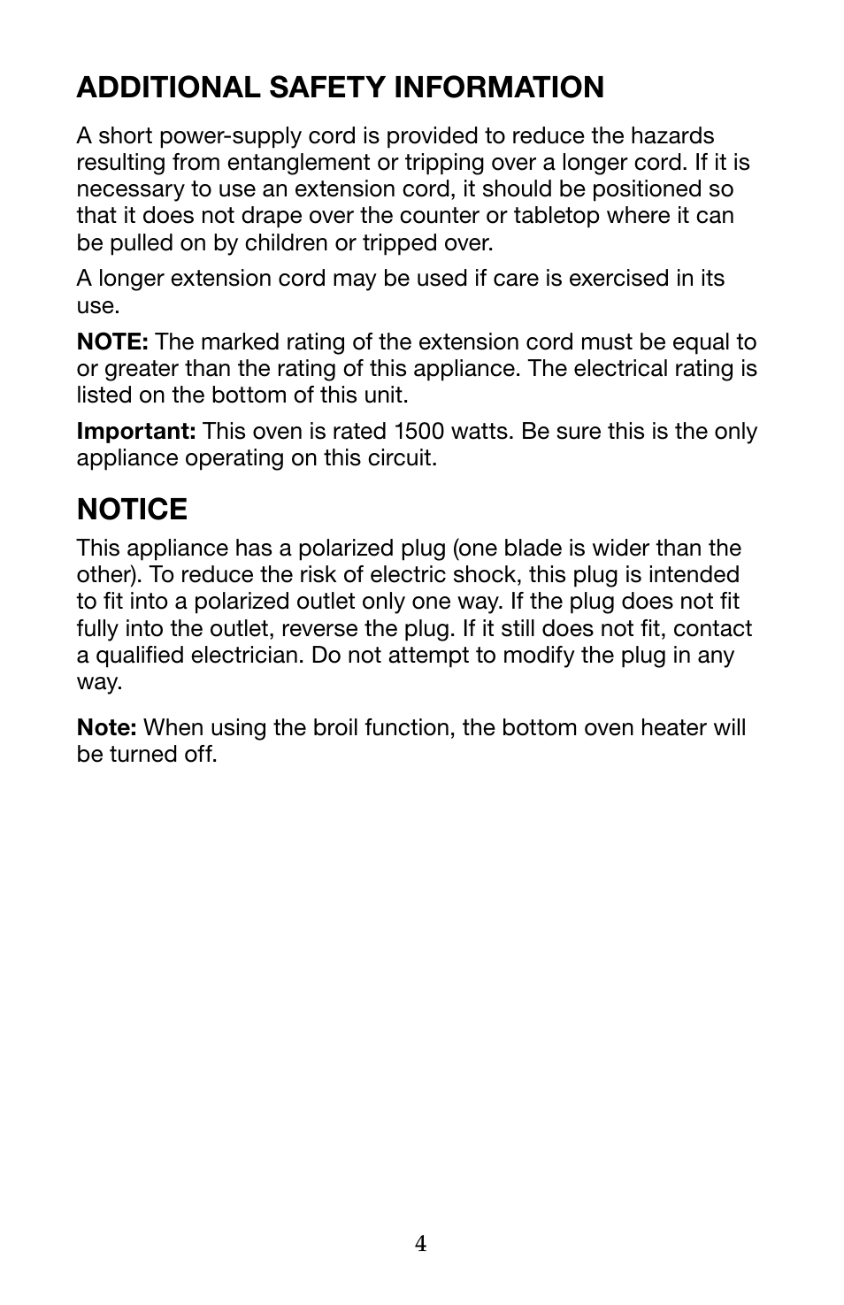 Additional safety information, Notice | Waring Pro WTO450 User Manual | Page 4 / 12