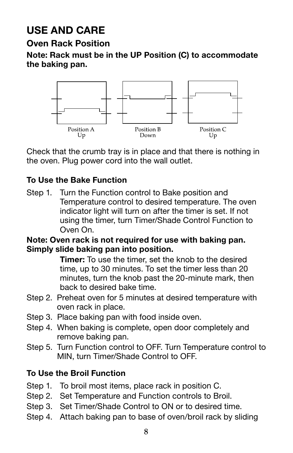 Use and care | Waring Pro WTO450 User Manual | Page 8 / 12