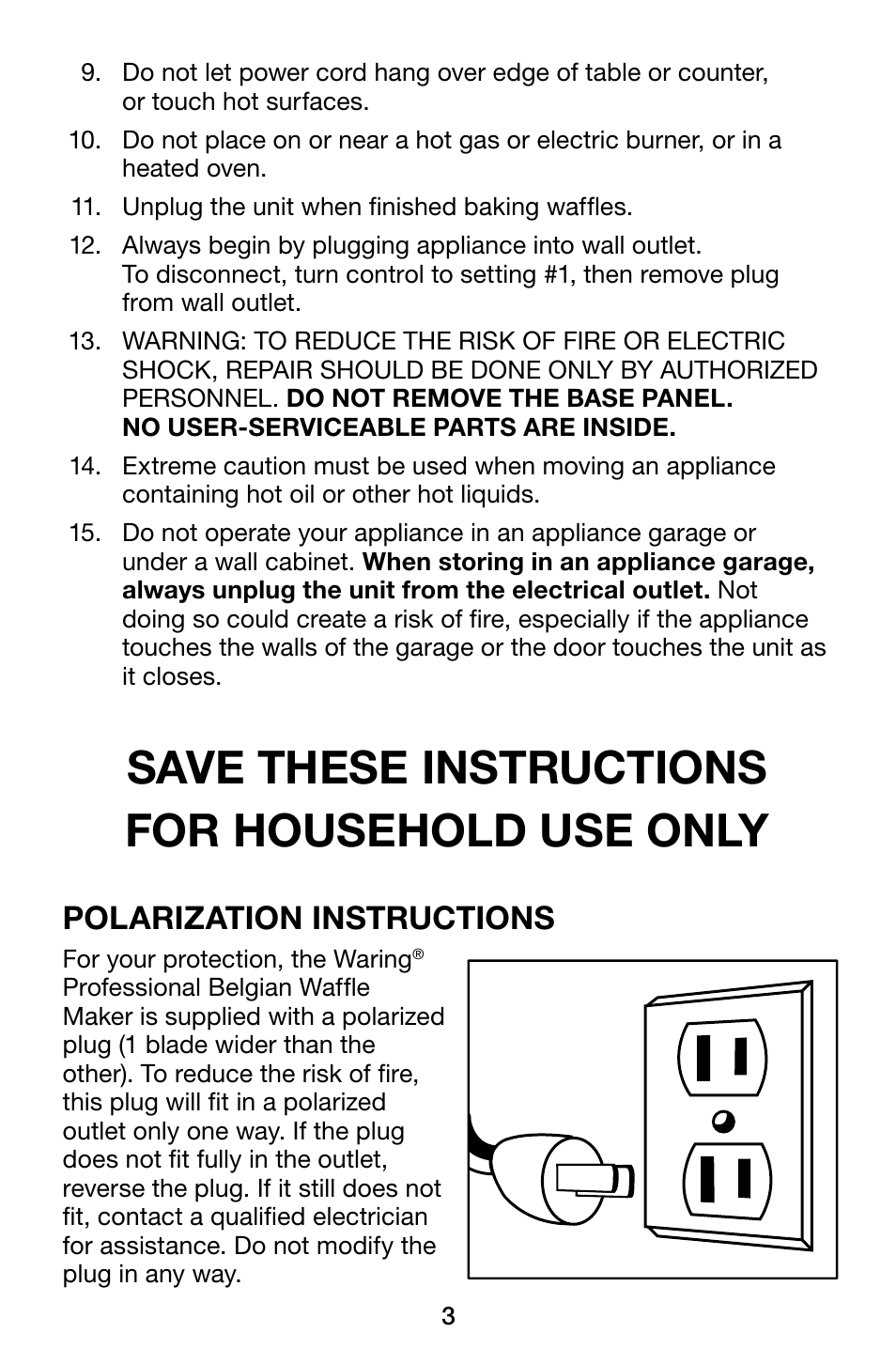 Save these instructions for household use only, Polarization instructions | Waring Pro WMK250SQ User Manual | Page 3 / 16