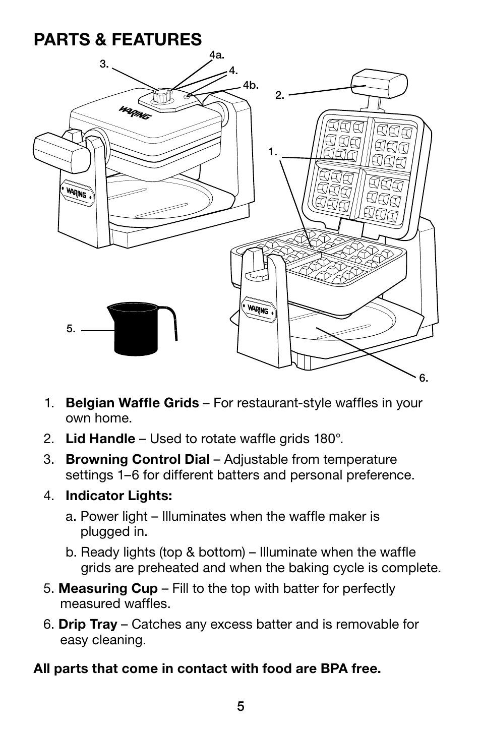 Parts & features | Waring Pro WMK250SQ User Manual | Page 5 / 16