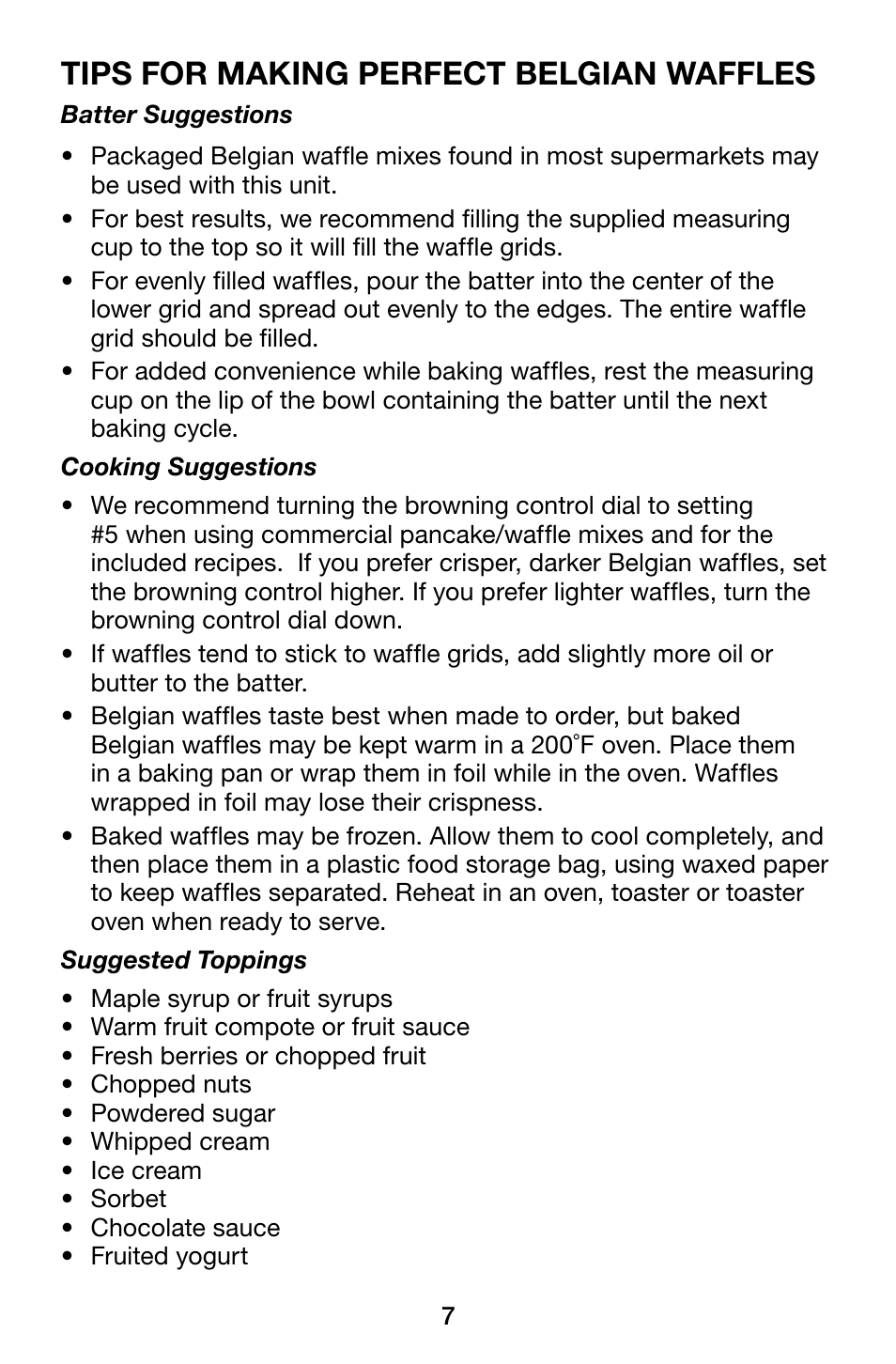 Tips for making perfect belgian waffles | Waring Pro WMK250SQ User Manual | Page 7 / 16