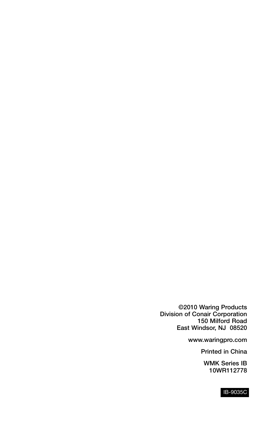 Waring Pro WMK600 User Manual | Page 20 / 20