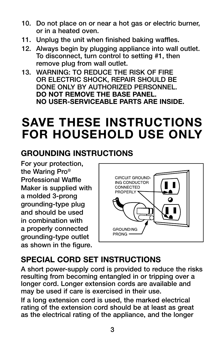 Save these instructions for household use only | Waring Pro WMK600 User Manual | Page 3 / 20