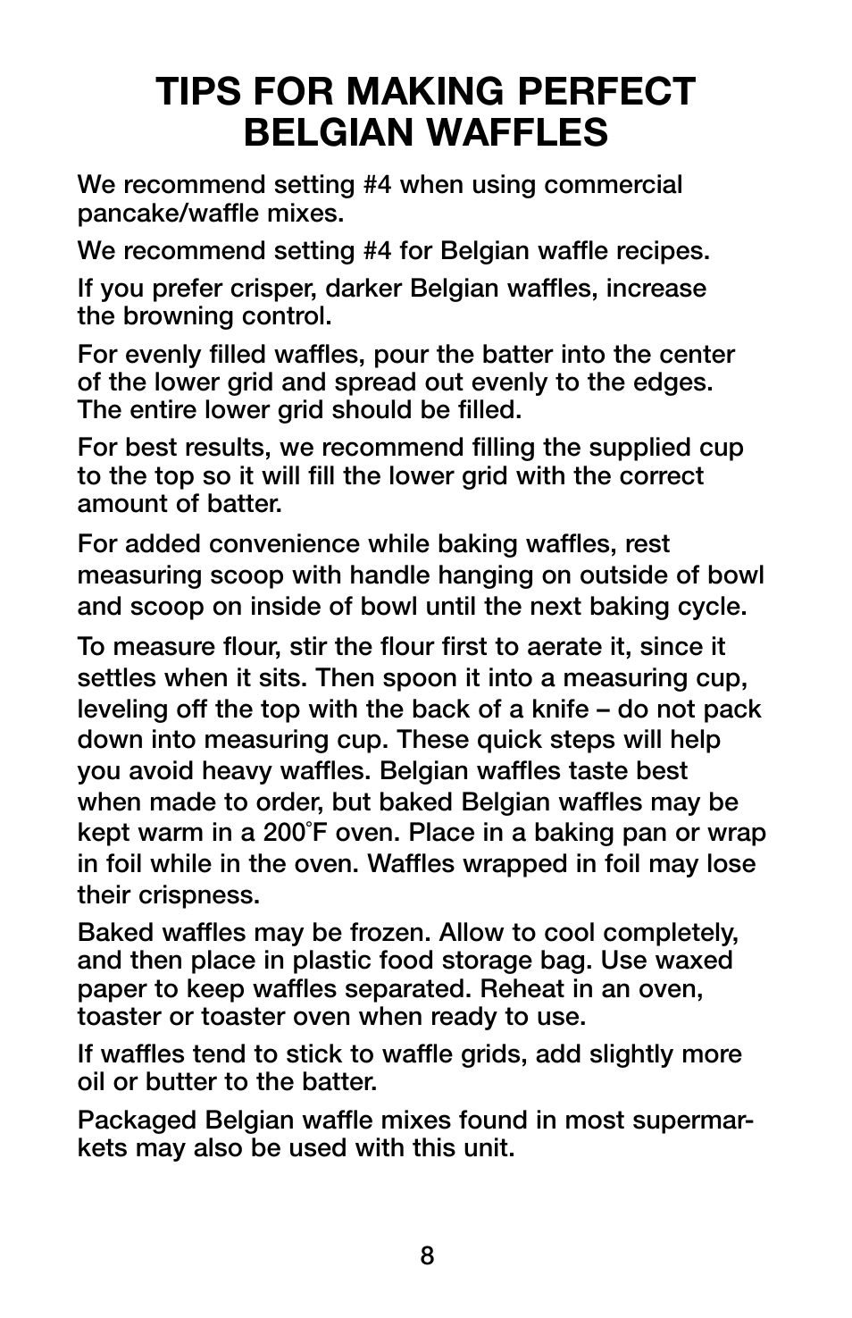 Tips for making perfect belgian waffles | Waring Pro WMK600 User Manual | Page 8 / 20