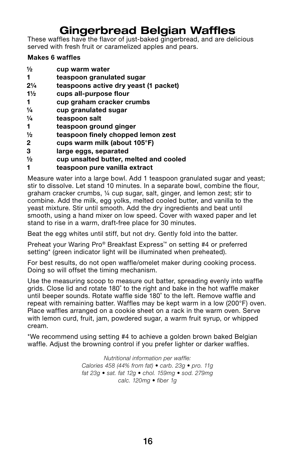 Gingerbread belgian waffles | Waring Pro WMR300 User Manual | Page 16 / 20