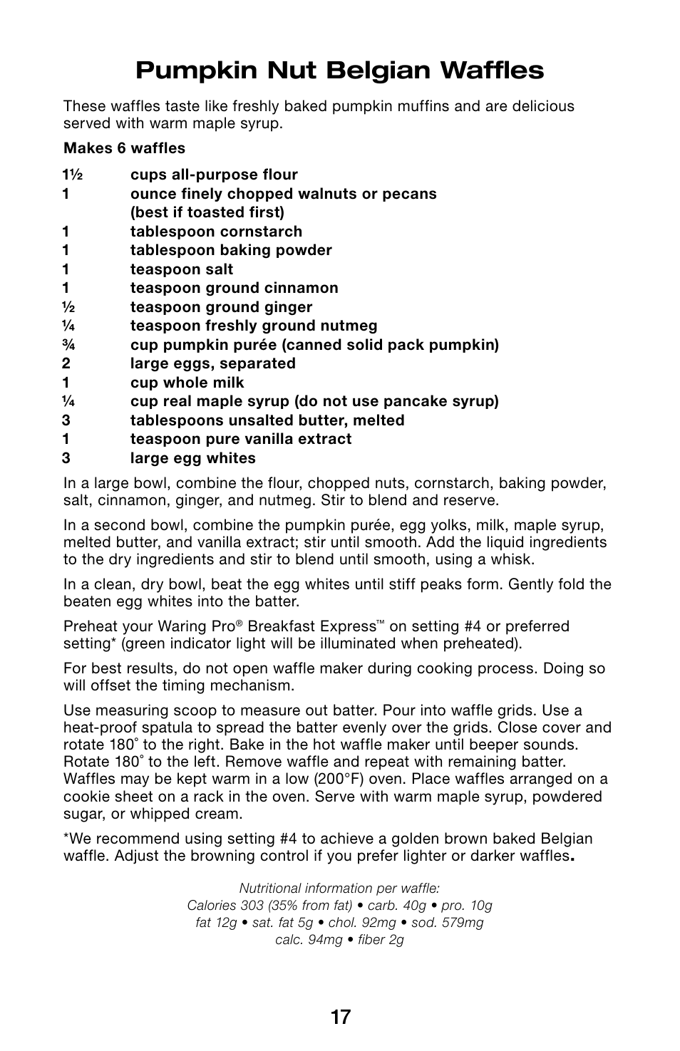 Pumpkin nut belgian waffles | Waring Pro WMR300 User Manual | Page 17 / 20