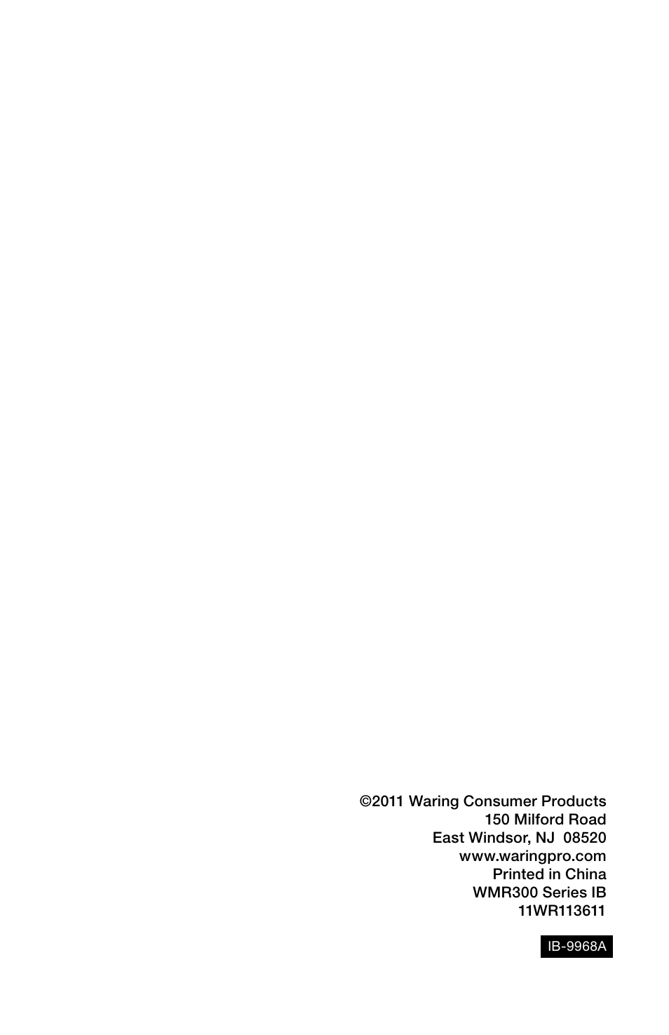 Waring Pro WMR300 User Manual | Page 20 / 20