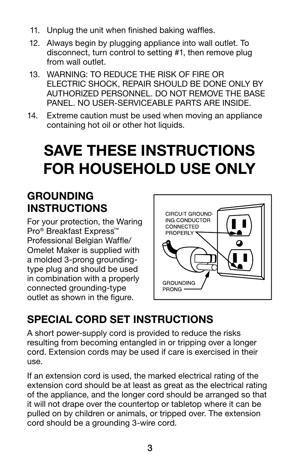 Save these instructions for household use only, Grounding instructions, Special cord set instructions | Waring Pro WMR300 User Manual | Page 3 / 20