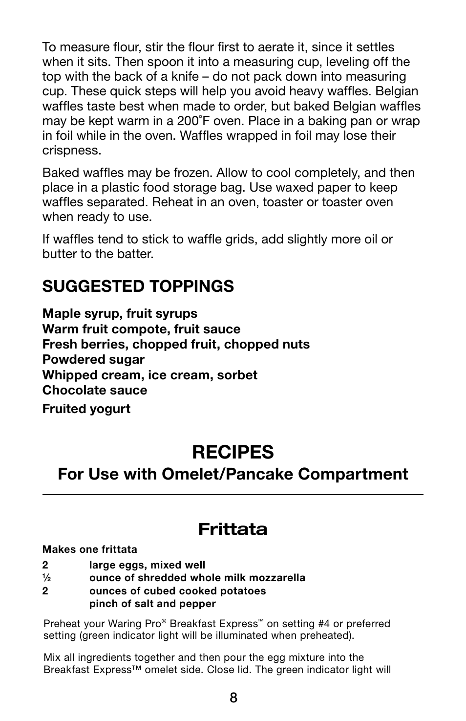 Recipes, Suggested toppings, For use with omelet/pancake compartment frittata | Waring Pro WMR300 User Manual | Page 8 / 20