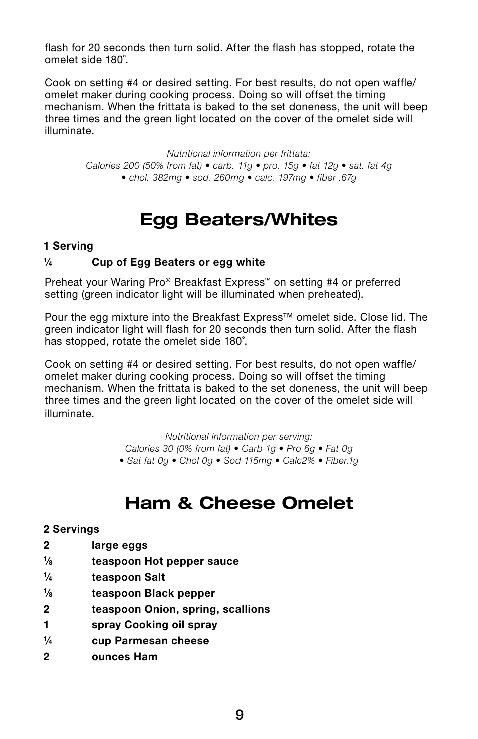 Egg beaters/whites, Ham & cheese omelet | Waring Pro WMR300 User Manual | Page 9 / 20