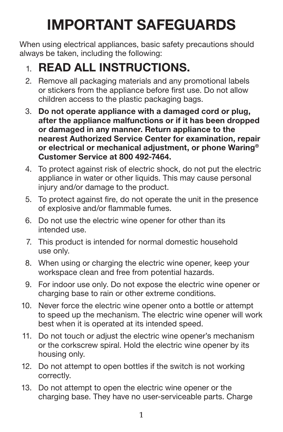 Important safeguards, Read all instructions | Waring Pro CRS50 User Manual | Page 2 / 8