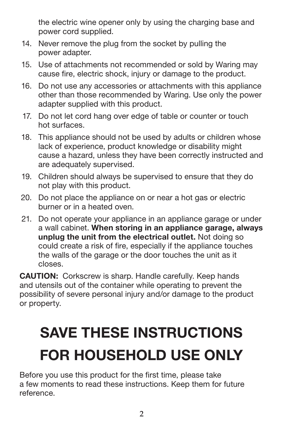 Save these instructions for household use only | Waring Pro CRS50 User Manual | Page 3 / 8