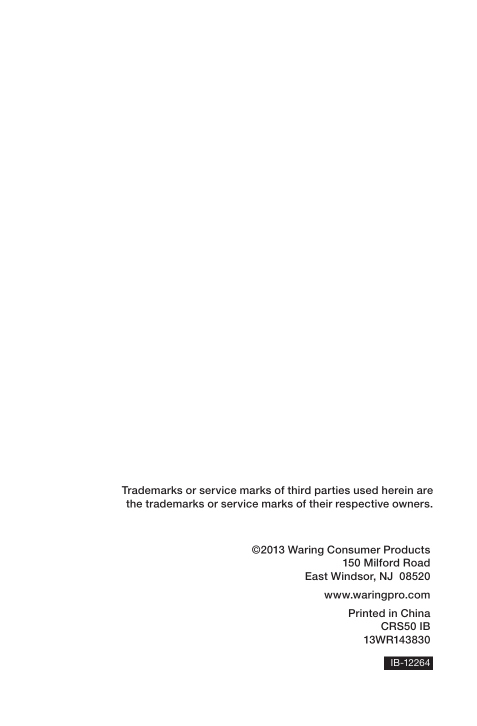Waring Pro CRS50 User Manual | Page 8 / 8