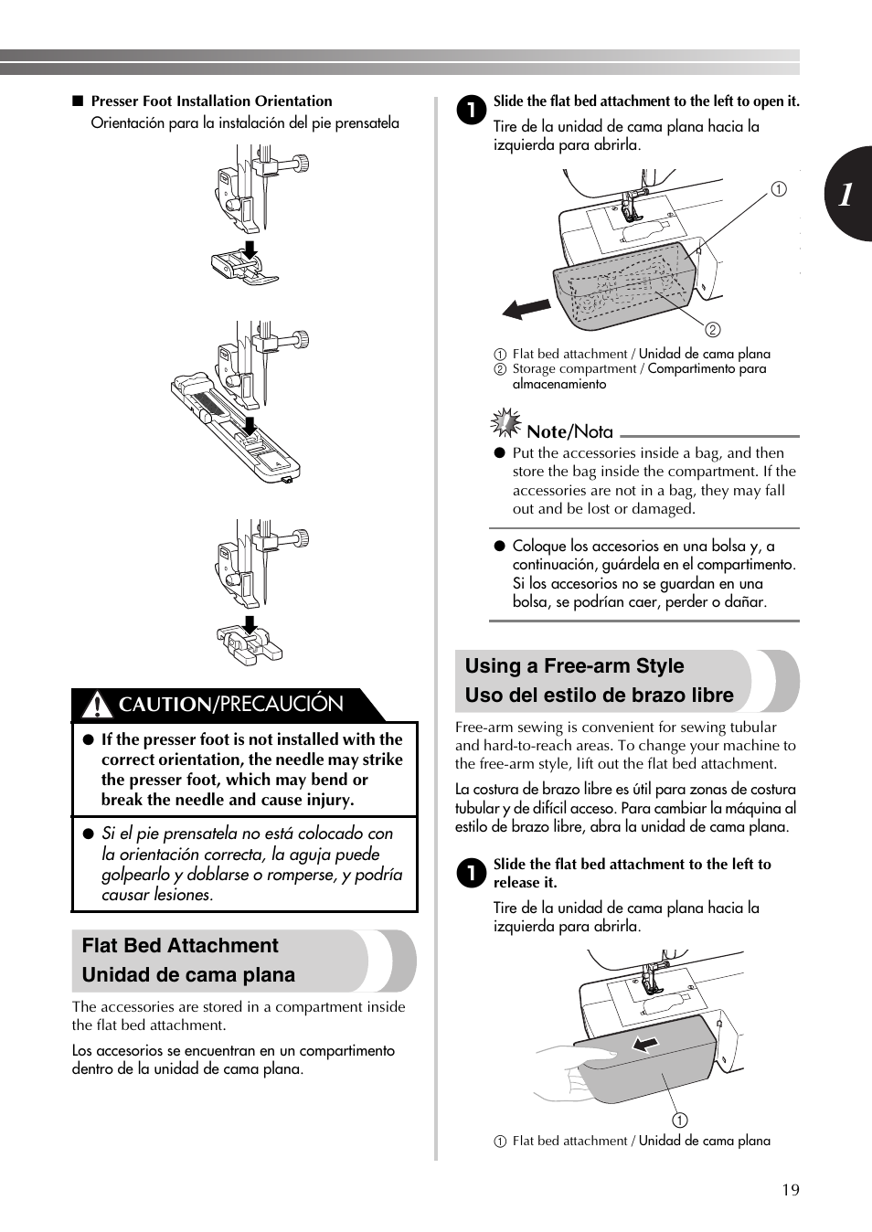 Flat bed attachment unidad de cama plana, Caution/ precaución | Brother BM-3600 User Manual | Page 20 / 82