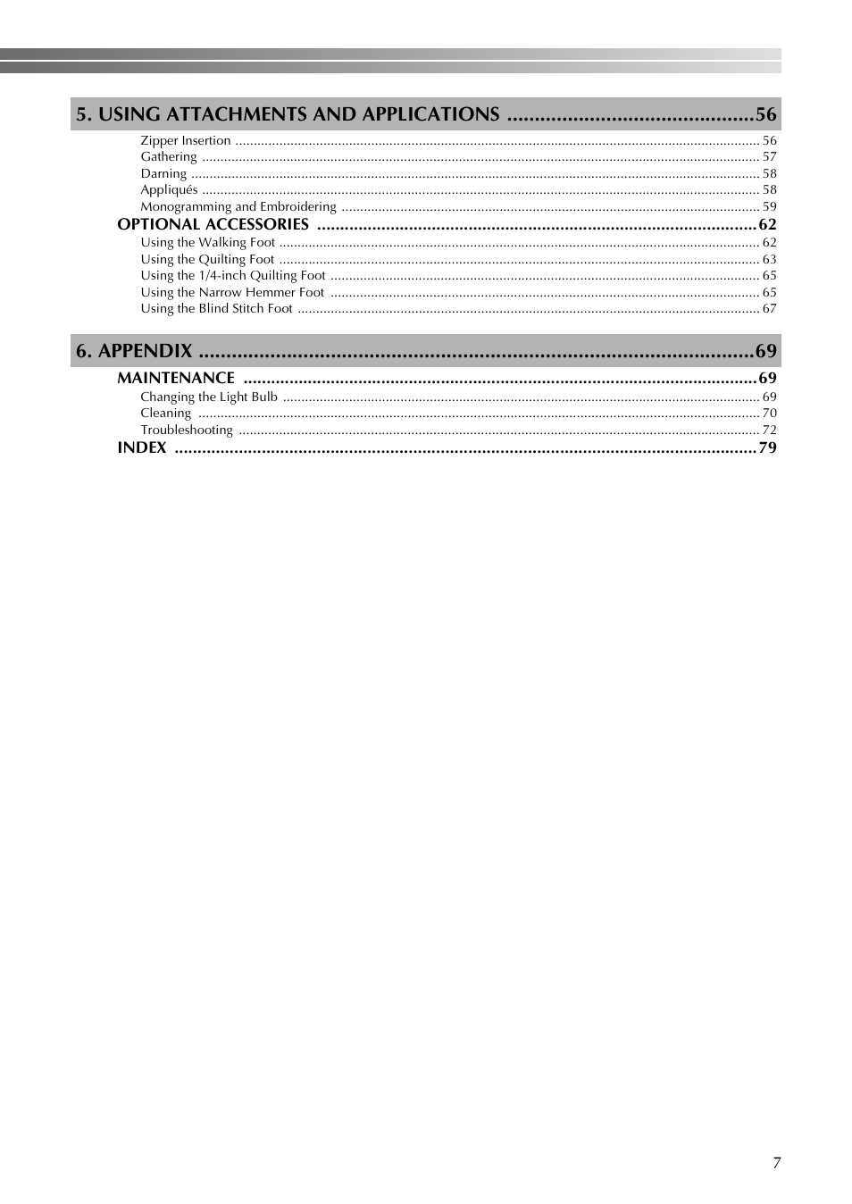 Using attachments and applications, Appendix | Brother BM-3600 User Manual | Page 8 / 82