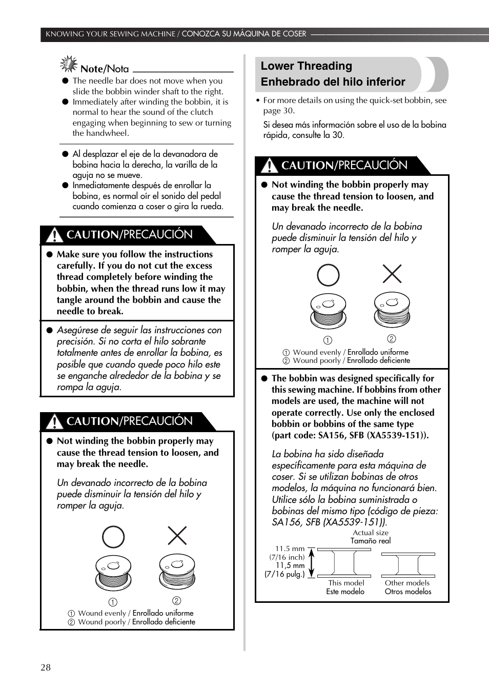 Lower threading enhebrado del hilo inferior, Caution/ precaución | Brother LS-590 User Manual | Page 29 / 82