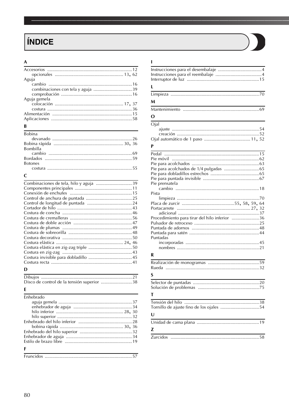 Índice | Brother LS-590 User Manual | Page 81 / 82