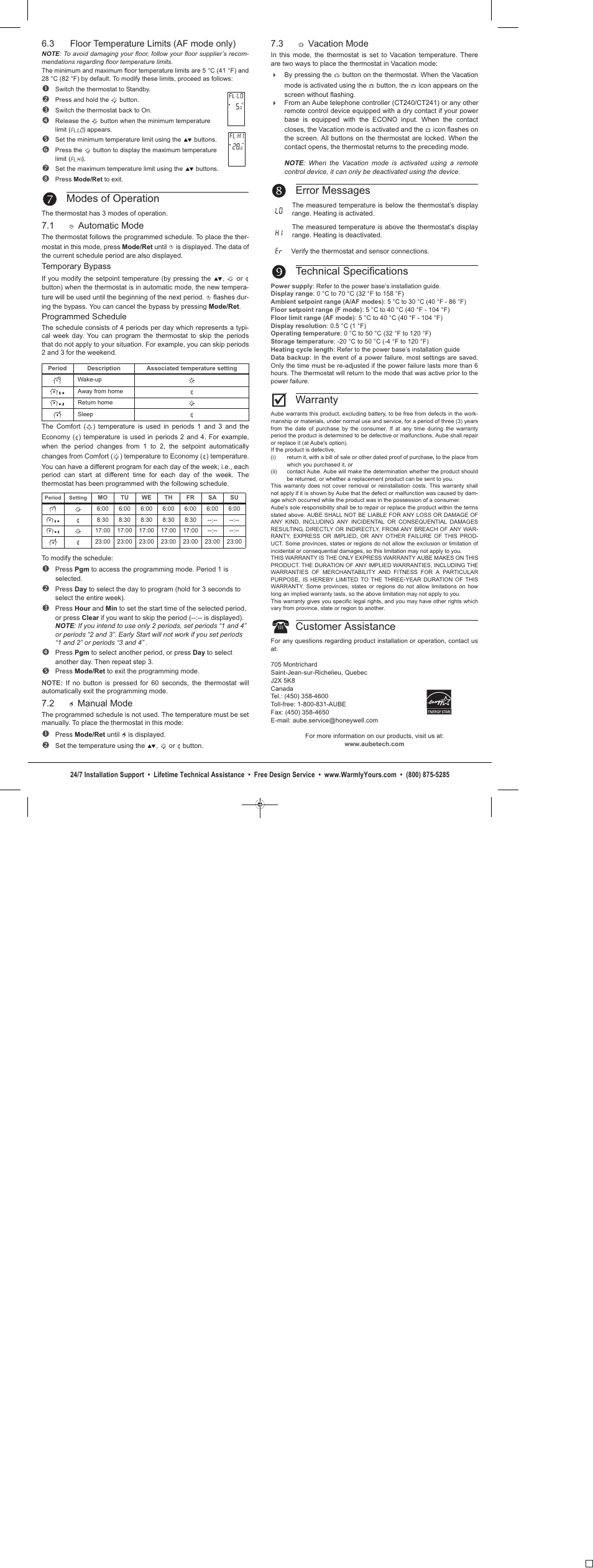 Modes of operation, Error messages, Technical specifications | Warranty, Customer assistance, 3 floor temperature limits (af mode only), 1 automatic mode, 2 manual mode, 3 vacation mode, Temporary bypass | WarmlyYours TH115-B-120GA User Manual | Page 2 / 4