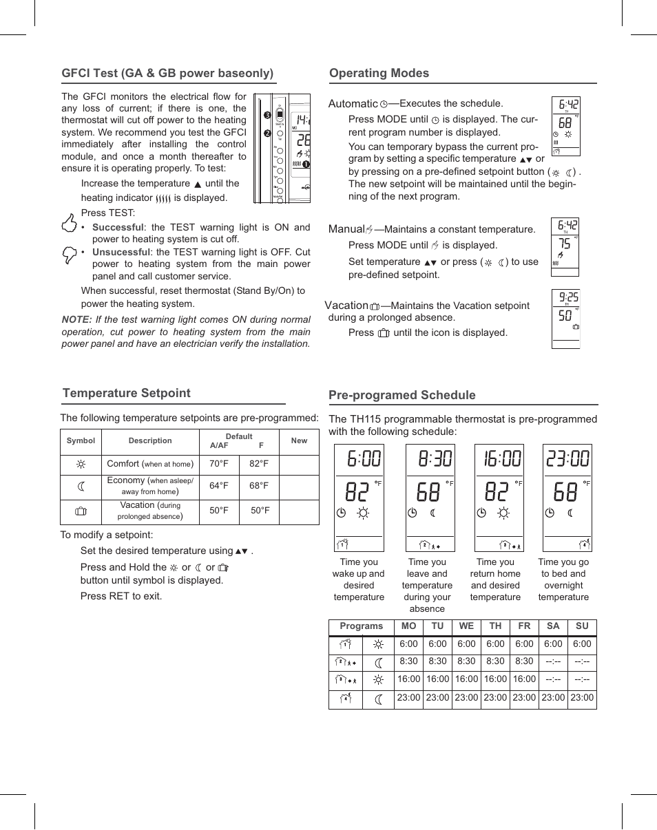 Th115_fullinstall_2-10103-a, Temperature setpoint, Pre-programed schedule | Gfci test (ga & gb power baseonly), Operating modes | WarmlyYours TH115 -F-120GA User Manual | Page 2 / 4
