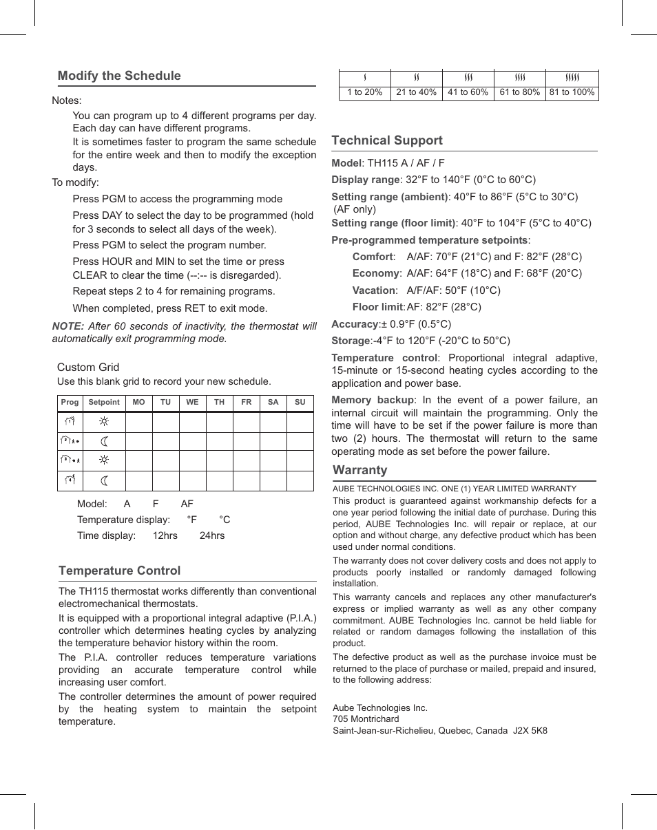 Th115_fullinstall_3-10103-a, Modify the schedule, Technical support | Warranty | WarmlyYours TH115 -F-120GA User Manual | Page 3 / 4