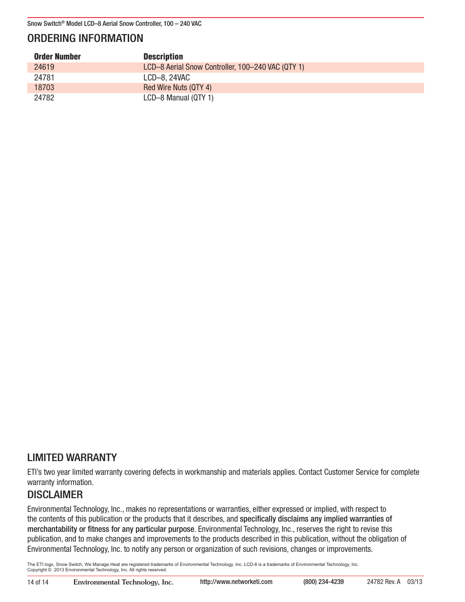 Ordering information, Limited warranty, Disclaimer | WarmlyYours SCV-DUAL User Manual | Page 15 / 15