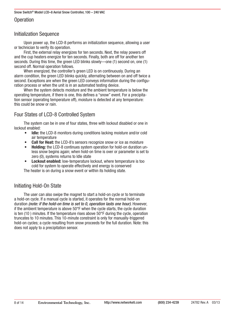 Operation initialization sequence, Four states of lcd-8 controlled system, Initiating hold-on state | WarmlyYours SCV-DUAL User Manual | Page 9 / 15