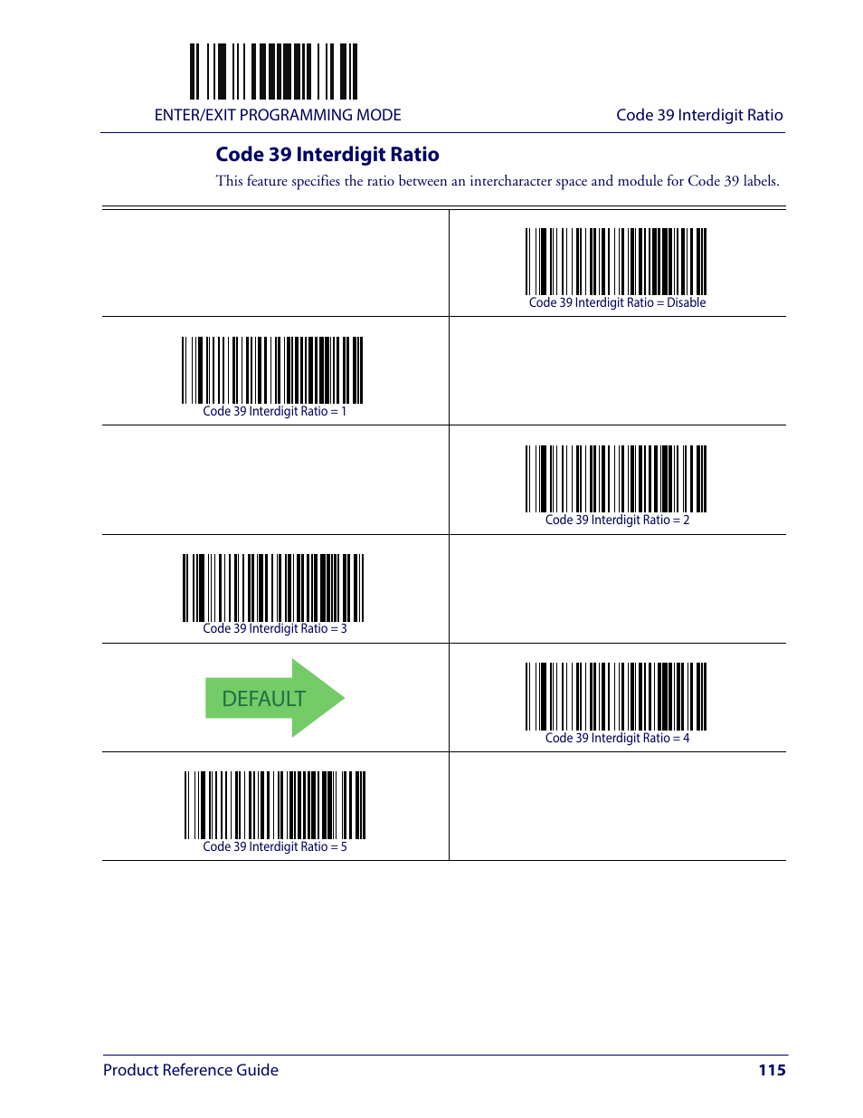 Code 39 interdigit ratio, Default | Wasp Barcode WLS9600 Product Reference Guide User Manual | Page 125 / 306