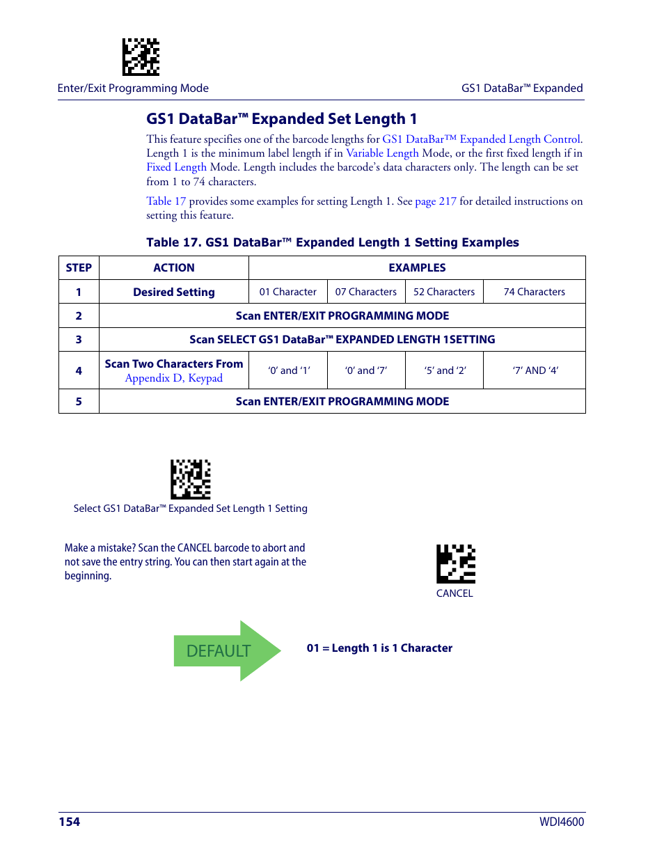Gs1 databar™ expanded set length 1, Default | Wasp Barcode WDI4600 2D Product Reference Guide User Manual | Page 164 / 284