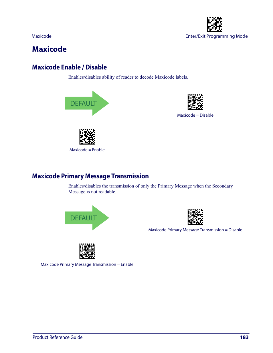 Maxicode, Maxicode enable / disable, Maxicode primary message transmission | Default | Wasp Barcode WDI4600 2D Product Reference Guide User Manual | Page 193 / 284
