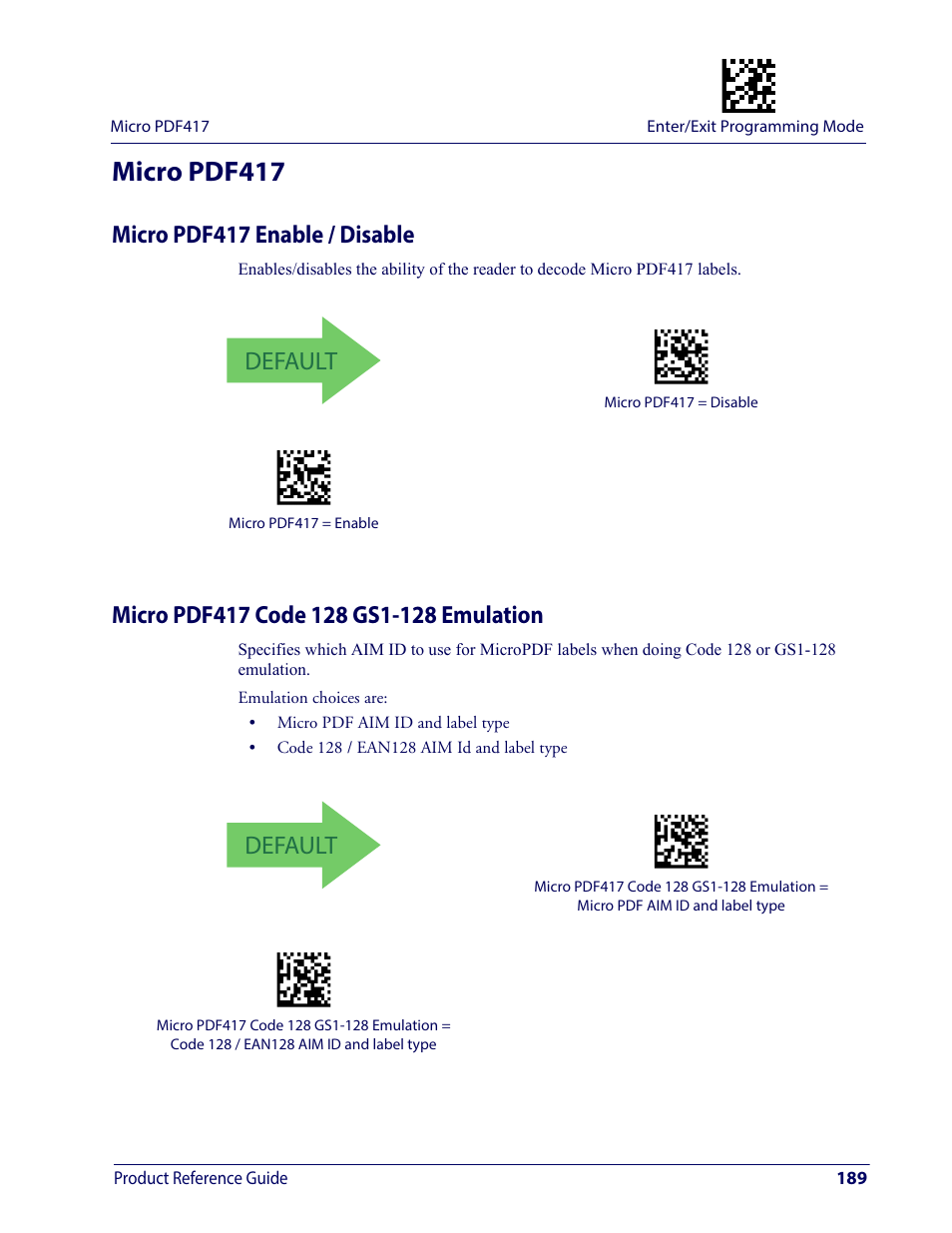 Micro pdf417, Micro pdf417 enable / disable, Micro pdf417 code 128 gs1-128 emulation | Default | Wasp Barcode WDI4600 2D Product Reference Guide User Manual | Page 199 / 284