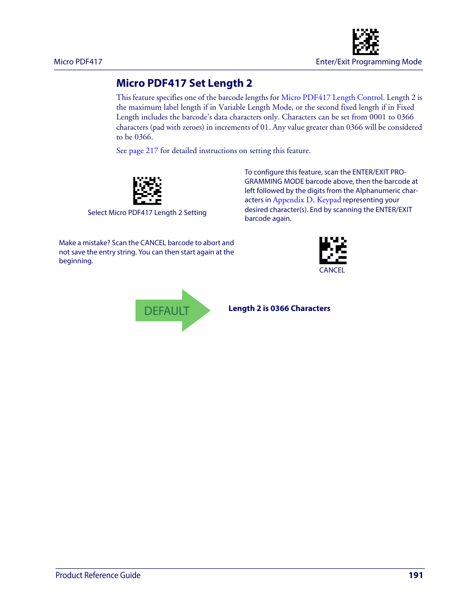 Micro pdf417 set length 2, Default | Wasp Barcode WDI4600 2D Product Reference Guide User Manual | Page 201 / 284