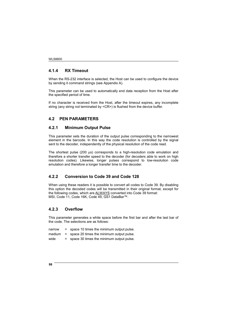 Rx timeout, Pen parameters, Minimum output pulse | Conversion to code 39 and code 128, Overflow | Wasp Barcode WLS8600 Product Reference Guide User Manual | Page 104 / 144