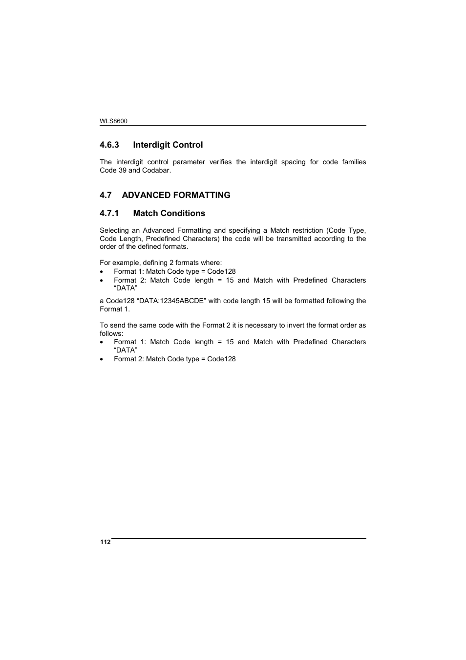 Interdigit control, Advanced formatting, Match conditions | Wasp Barcode WLS8600 Product Reference Guide User Manual | Page 118 / 144